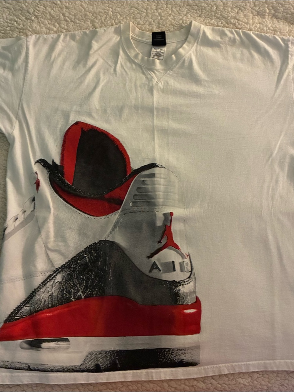 White Vintage Jordan T-shirt with Red & Black Air Jordan 3 Sneaker Graphic